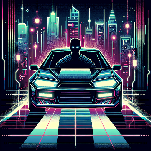 front of a car with a silouhete of a driver.
video game style