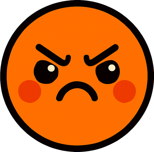 crea la imagen de un circulo naranja kawai enojada y simple.
In-Game asset.  2d.  High contrast.  No shadows