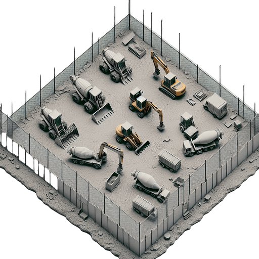 A small Constrution Yard. 
No people, No buidings, just 2-3 construction machinery with a fence.
No perspective, Directly from above