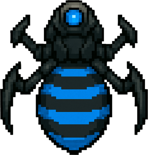 top down pixel art of an aggressive war drone with blue wasp stripes with a blue light on top.
In-Game asset.  2d.  High contrast.  No shadows