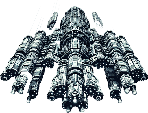 alien spaceship heading down.
Single Game Texture. In-Game asset. 2d. Blank background. High contrast. No shadows.