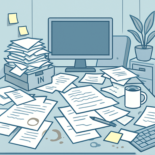 Modern office/workspace with subtle chaotic elements
Include desk with scattered papers, coffee stains, overflowing inbox, sticky notes
Light, neutral color palette (pale blue/gray) with professional appearance
Should look slightly overwhelming but clean enough to not distract from gameplay.
In-Game asset.  2d.  High contrast.  No shadows