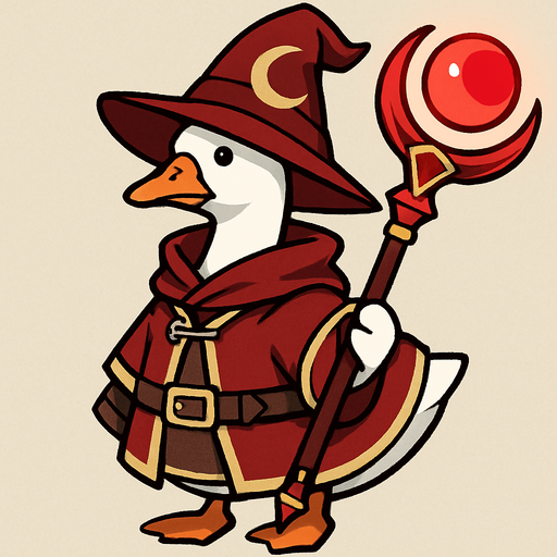 A Emden Goose in Treasure Hoarder Red Moon Mage Outfit with Red Moon Magic Staff.
In-Game asset.  2d.  High contrast.  No shadows