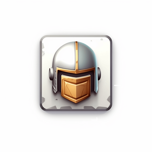 Single square button with soldier helmet on it. Metal button
Game Texture. In-Game asset. 2d. Pixelart. White background. Blank background. Low detail. High contrast.