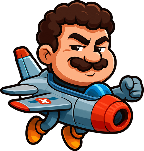 Design a cartoon-style character inspired by Head Ball characters, but themed as a fighter jet. The character should have an oversized head (like in the original Head Ball game), but instead of a human body, the head is mounted on a small cartoon fighter jet body. The jet should be stylized and playful, with exaggerated features like short wings, colorful decals, and a compact, fun shape. The cockpit should seamlessly blend into the character's neck or jawline area. The jet can have arms coming out from the sides of the fuselage like wings, and the rear part can have feet-like tail fins resembling shoes.
The overall design should feel dynamic, energetic, and arcade-like, as if mid-flight in a blue sky or cockpit environment.

The face should be: A cartoon-style floating head of a chubby young man with a round, soft face. He has thick curly short hair, a bushy mustache, and a mischievous half-smile with slightly squinted eyes. His cheeks are full, and his expression is confident and che.
In-Game asset.  2d.  High contrast.  No shadows