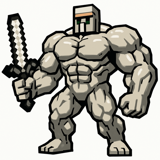 A super buff iron golem with super big muscles and that has a Minecraft iron sword in his hand..
In-Game asset.  2d.  High contrast.  No shadows