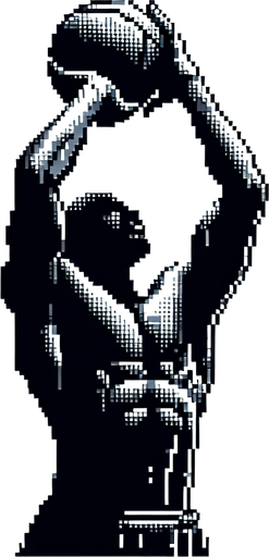 pixel art, an empty handed basketball player blocking with his empty hands over his head. full figure..
Blank background. High contrast. No shadows.