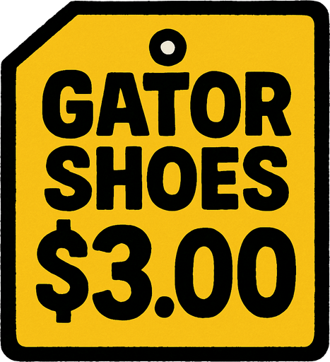 Price tag that says Gator shoes $3.00.
In-Game asset.  2d.  High contrast.  No shadows