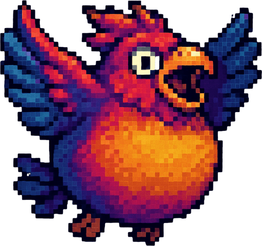 Big fat flaying bird ( Piksel art). Colorful 
In-Game asset.  2d.  High contrast.
