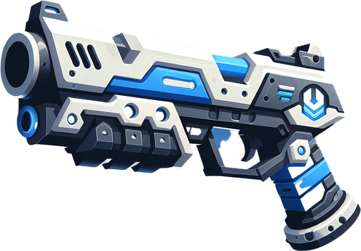 A cartoon-style toy gun with a futuristic design, mainly blue with white and black details, a large trigger, and a barrel that shoots darts.".
Single Game Texture.  In-Game asset.  2d.  Blank background.  High contrast.  No shadows