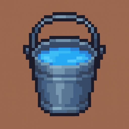 iron bucket, pixelart, water.
In-Game asset.  2d.  High contrast.  No shadows