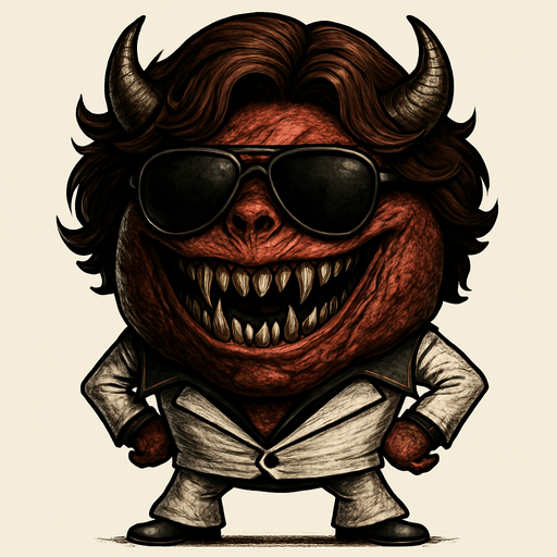 un demonio bola ultra realista con una peluca y traje de bailarin con lentes de sol y una sonrisa con colmillos afilados.
In-Game asset.  2d.  High contrast.  No shadows