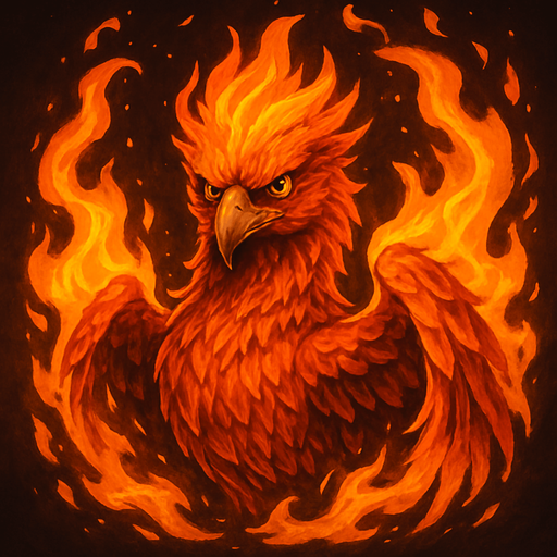 Fénix envuelto en llamas mirando al frente, algo realista, pero no poner un pájaro rojo cualquiera.
In-Game asset.  2d.  High contrast.  No shadows