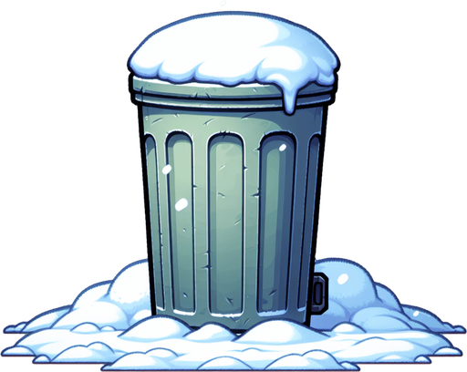 Мусорный бак стоит в снегу. Мультяшный.
Single Game Texture.  In-Game asset.  2d.  Blank background.  High contrast.  No shadows