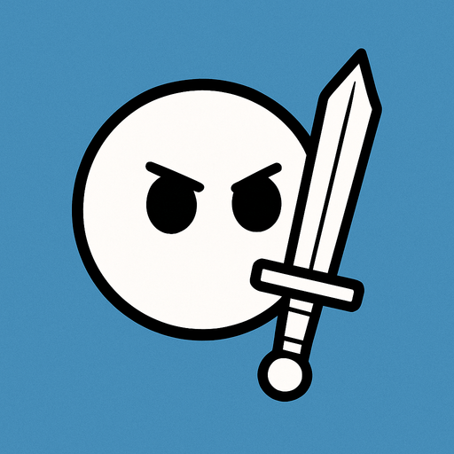 White simple circular enemy seen from above, black outline. Black eyes, with a single Sword in-font of it. Black and white only. Blue background.