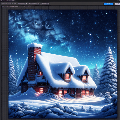 close up of a Snow covered roof, Winter scene, star lit night sky, brick chimbly on right hand side, Single Game Texture. In-Game asset. 2d. Blank background. High contrast. No shadows.