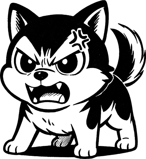 a cute angry dog manga style.
In-Game asset.  2d.  High contrast.  No shadows