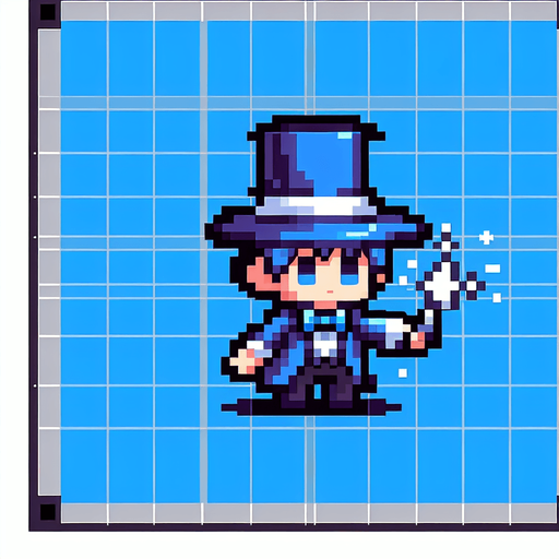 blue chibi mage 8 bit image.
Single Game Texture.  In-Game asset.  2d.  Blank background.  High contrast.  No shadows