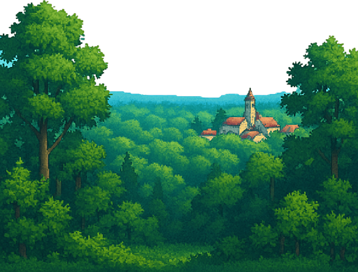 16 bit image langit biru cerah, daerah hutan luas, di kejauhan ada pedesaaan sederhana. suasana pagi hari langit biru.
In-Game asset.  2d.