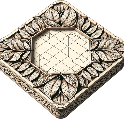 A wooden play board with leaves. Fantasy.
Single Game Texture. In-Game asset. 2d. Blank background. High contrast. No shadows.