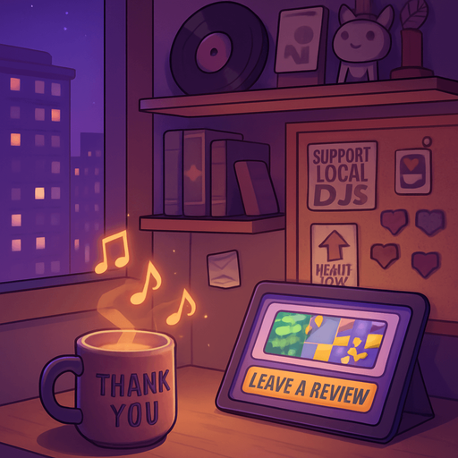 A 2048x2732 vertical background illustration in a semi-realistic comic book style. The scene takes place in another corner of the same urban apartment — this time showing an open space near a shelf filled with music memorabilia, fan-made items, and a pinboard with stickers like “Support Local DJs”, “Upvote Love”, and pixel-style hearts. A tablet on the desk is open to a game page with a “Leave a review” banner. There’s a soft spotlight on a coffee mug with “Thank you” written on it and glowing music notes floating around it. The city lights outside still shine in purples and blues, but this part of the room feels more hopeful and connected. The vibe is warm, welcoming, and subtly celebratory. No characters or text. In-game menu background, consistent with main menu themes..
In-Game asset.  2d.  High contrast.  No shadows