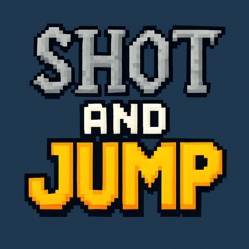 letras hechas con pixeles que dicen shot and jump las letras shot tendran un estilo medieval y tendran un color gris,las letras and color blanco con contorno negro y las letras jump de color amarillo con contorno naranja