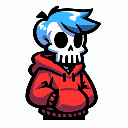 skeleton hair blu felpa rosso.
Single Game Texture.  In-Game asset.  2d.  Blank background.  High contrast.  No shadows