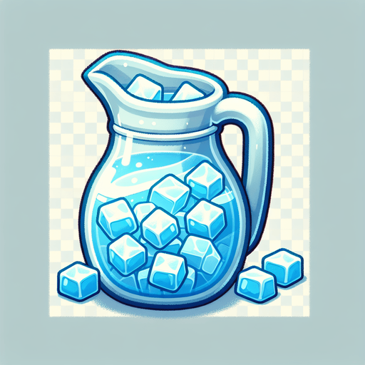 A pitcher full of nice fresh water and ice cubes..
Single Game Texture. In-Game asset. 2d. Blank background. High contrast. No shadows.