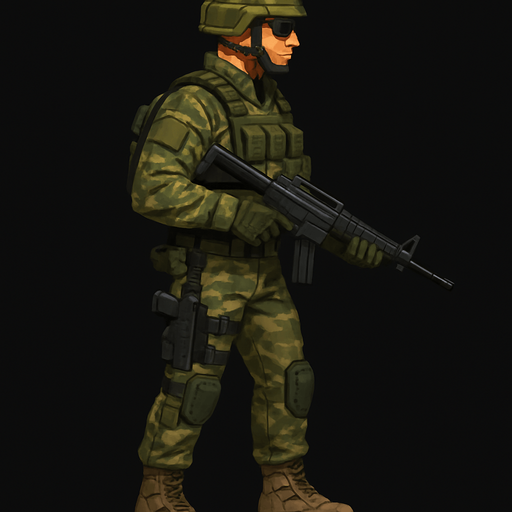 Komando, yazısız, gerçekçi, yandan görünüm, bütün vücudu görünsün.
In-Game asset.  High contrast.  No shadows