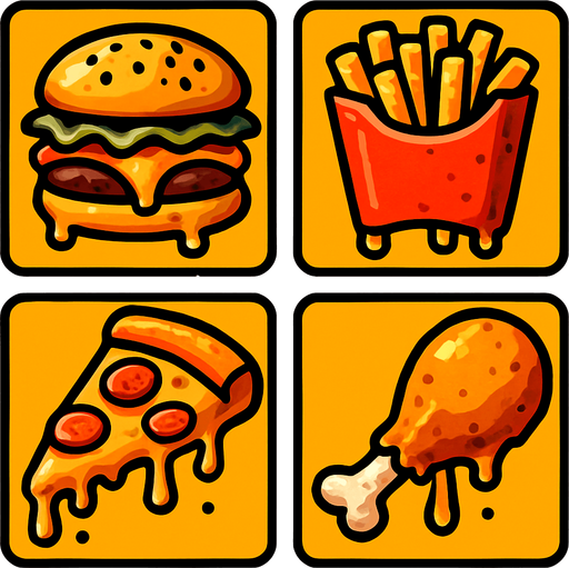 an image for each cell that is food theme based and fat and greasy and fast food.
In-Game asset.  2d.  High contrast.  No shadows