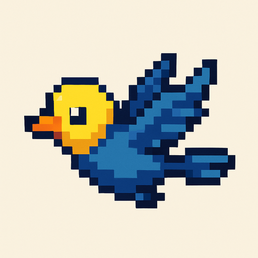 pxel art sarı kafalı mavi uçar pozisyonda bir kuş.
Single Game Texture. In-Game asset. 2d. Blank background. High contrast. No shadows.