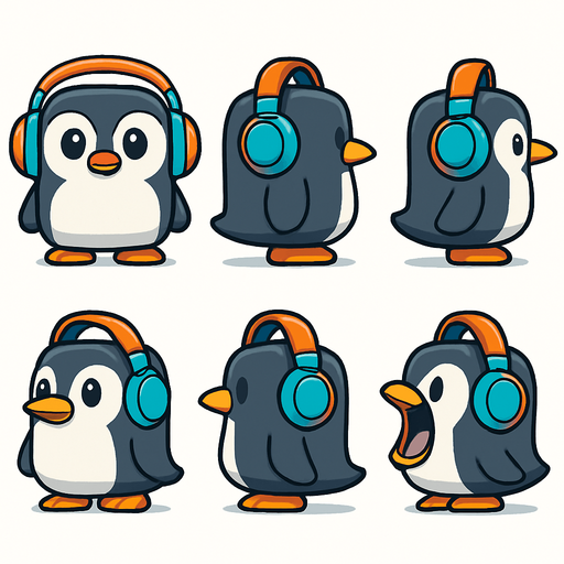 Create a character sprite sheet for a 2D mobile game. The subject is a cubical cute, chubby penguin character with large, expressive eyes, wearing oversized, colorful headphones. The art style should be clean vector art with bold outlines and simple, vibrant cel shading. The sheet must be on a plain white background with each sprite clearly separated. Include the following 6 full-body sprites in an orthographic, non-perspective view:
Idle stance, facing front.
Idle stance, facing back.
Idle stance, left side view. Idle stance, right side view.
Mouth wide open (as if eating), facing front.
Mouth wide open, left side view.