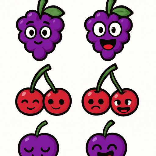 Grapes and Cherry sprites with eye and mouth animation.
In-Game asset.  2d.  High contrast.  No shadows