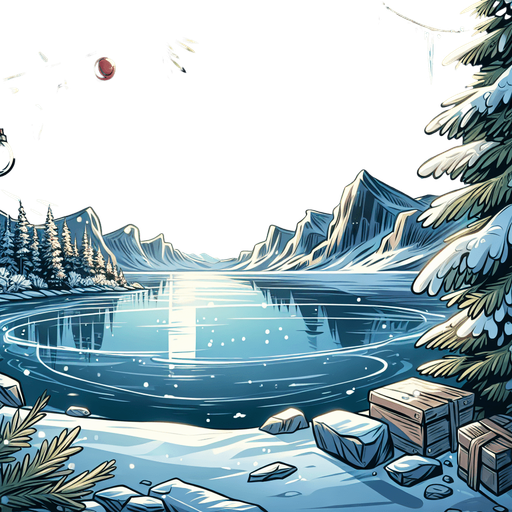 Outdoor empty frozen icy lake, Christmas decorated. View from standing at the middle of the lake looking towards shore. Cartoon. Middle of rink view.