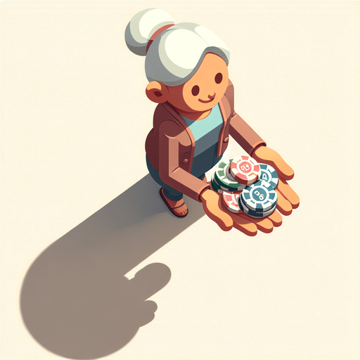 Top down image of an old lady carrying poker tokens. Single Game Texture. In-Game asset. 2d. Blank background. High contrast. No shadows.