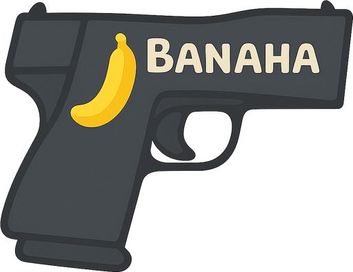 Gun with a banana symbol. No background. Transparent background. Blank background. No shadows. 2d. In-Game asset. flat