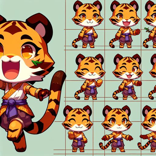 A spritesheet with a number of poses of an happy little tigergirl in a swimsuit, smiling, walking, waiting, standing, ordering, turning, etc. all seen from the side.The spritesheet should be laid out in a rectangular grid with clear space between each individual sprite. Each sprite in the sheet should be around 300x600 pixels in size.
Single Game Texture. In-Game asset. 2d. Blank background. High contrast. No shadows.
