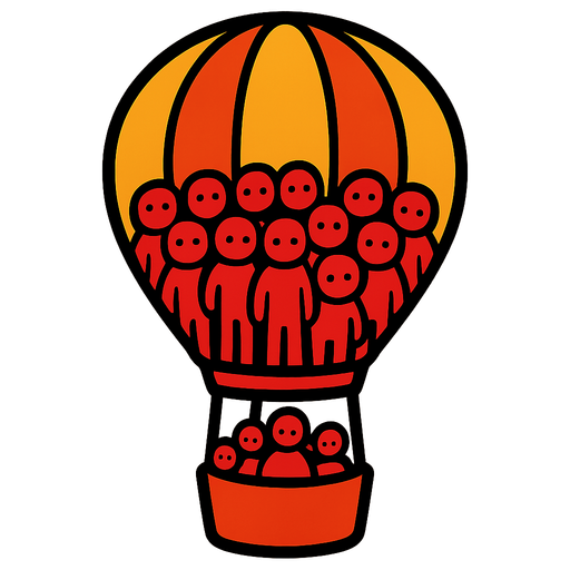 Hot air balloon full of red stickmen.
In-Game asset.  2d.  High contrast.  No shadows