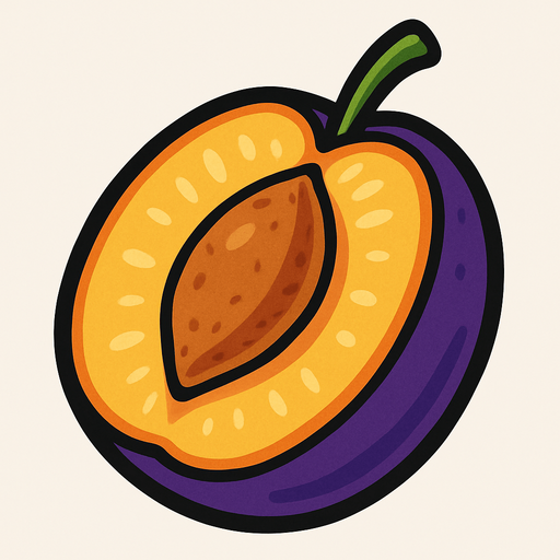 Ciruela Fruta cortada por la mitad.
In-Game asset.  2d.  High contrast.  No shadows. Cartoon.