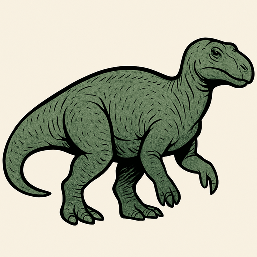 A medium-sized Iguanodon dinosaur with smooth greenish-gray scales covering its bulky body. It has a distinctive thumb spike on its front limbs. The head is elongated with gentle eyes and a blunt snout. The skin texture is rough with visible scales and wrinkles..
In-Game asset.  2d.  High contrast.  No shadows