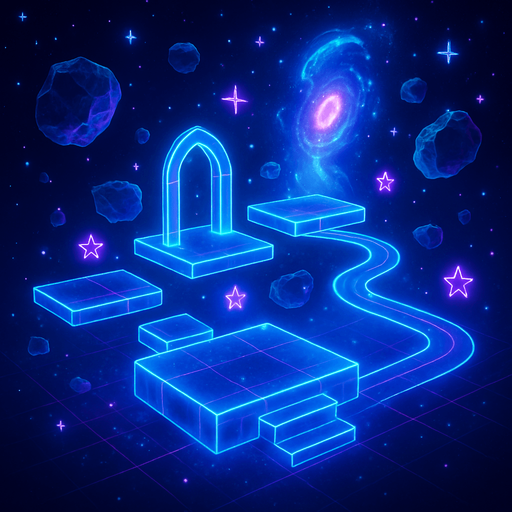 3d hologram neon cyberpunk starlight magick galaxy overlay projection asteroid starfield Platforming magical dimension pathway level obstacle layout videogame