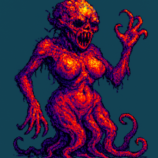 pixelated style terrifing uncanny very hot psychedelic horror space monster creep character. theirs body looks very disgusting and super sexy.  In-game asset. Full picture of character.
In-Game asset.  2d