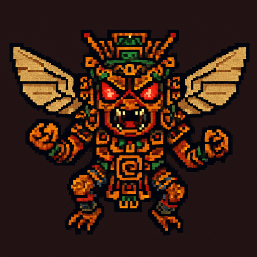Genérame una Chicharra guerrero azteca con eso patrones, estilo pixelar, con una apariencia maligna, ojos rojos, rabioso. Unidad aerea con alas. Animal.
In-Game asset.  2d.  High contrast.  No shadows