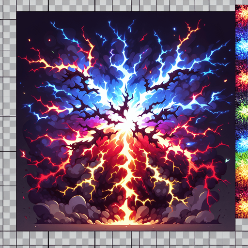 A branching pattern like lightning or cracks, but made of chaotic, multi-colored energy. Could also be a visual of one chaotic explosion triggering others nearby..
Single Game Texture.  In-Game asset.  2d.  Blank background.  High contrast.  No shadows