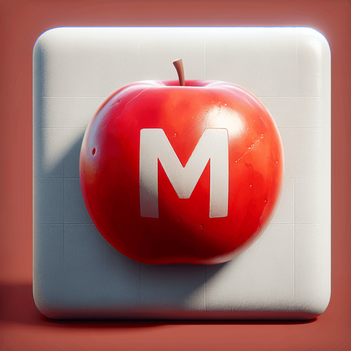 white " (M" on a red apple.
Single Game Texture. In-Game asset. 2d. Blank background. High contrast. No shadows.