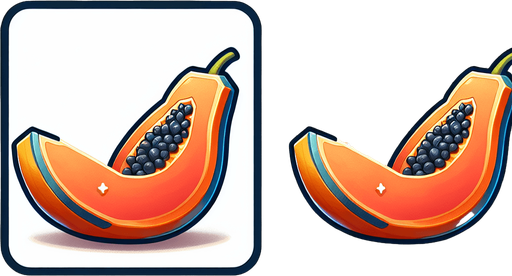 sliced fruit papaya with two slices 1one left and one right.
Single Game Texture.  In-Game asset.  2d.  Blank background.  High contrast.  No shadows
