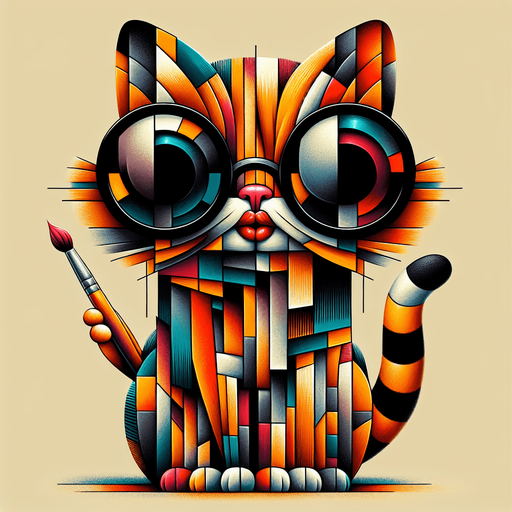 The character is reimagined as an homage to the essence of Picasso's artistry, transforming the cartoon-style orange tabby cat into a figure of abstract fascination. Its once round face now adopts an intriguing assortment of angles and planes, suggestive of Cubism's revolutionary approach, with oversized round black opaque sunglasses, and a pronounced red pout all reinterpreted through geometric distortion. The stripes of the cat's fur morph into a tapestry of fragmented shapes, blending shades and tones in unexpected juxtapositions that challenge conventional perspectives.

Splatters of color across its form not only signify its role as an artist but also pay tribute to Picasso's vibrant palette, with hues that break free from the confines of form and structure. The cat's body, while maintaining its smaller scale compared to its head, is depicted with a cubist's freedom, breaking the boundary between dimension and representation. Clutching a paintbrush, the cat becomes a beacon of creative expression, surrounded by a halo of color and form that defies the ordinary.

Adorned in a simple hoodie, now reimagined as a canvas of abstracted shapes and colors, the cat sits poised, embodying the relaxed yet profoundly transformative essence of Picasso's artistic legacy. This character, through playful abstraction and whimsical creativity, stands as a mascot for the boundless imagination of art, perfect for inspiring a love of creativity in a children's book or as a distinctive figure in any artistic endeavor."

This description embraces the spirit of Picasso's work—innovative, bold, and ever-challenging the viewer's perception—while tailoring the essence to fit the unique character of this artistic cat..
Single Game Texture. In-Game asset. 2d. Blank background. High contrast. No shadows.