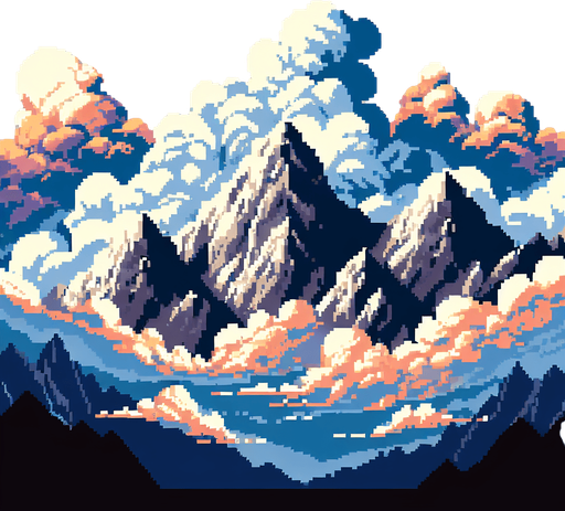 a pixel clouds background, with mountains, full height full width
Single Game Texture.  In-Game asset.  2d.  Blank background.  High contrast.  No shadows