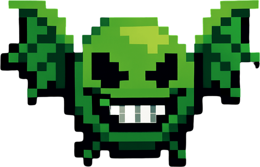 a pixelart flying space enemy. Green color, scary smiley face.
In-Game asset.  2d.  High contrast.  No shadows
