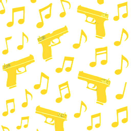 Make a wallpaper that features small music notes and guns. The image should look good for the game and not appear pixelated..
In-Game asset.  2d.  High contrast.  No shadows